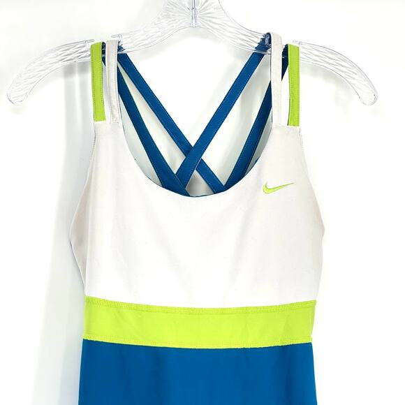 Nike Dri-FIT Advantage Athletic Tank Top Small Blue White Lime Criss Cross Back - Picture 3 of 11